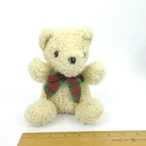 Sasco Teddy Bear Stuffed Animal Ivory Cream Plush Toy Red & Green Plaid Ribbon